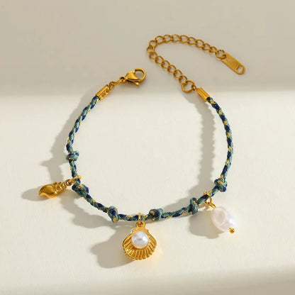 Βραχιόλι επιχρυσωμένο ατσάλι με μπλε κορδόνι και θαλάσσια μοτίβα -  BR484