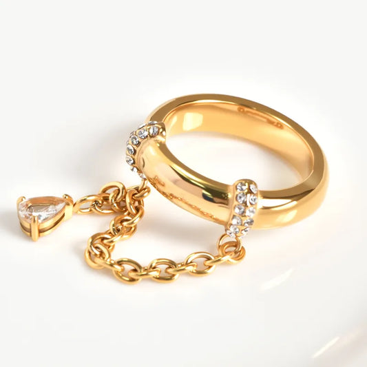 Δαχτυλίδι επιχρυσωμένο ατσάλι με αλυσίδα και κρύσταλλα-R232