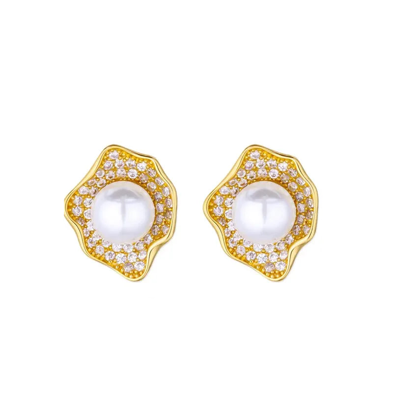 Σκουλαρίκια χρυσό ατσάλι άμορφο σχήμα με στρας και πέρλες-EA494