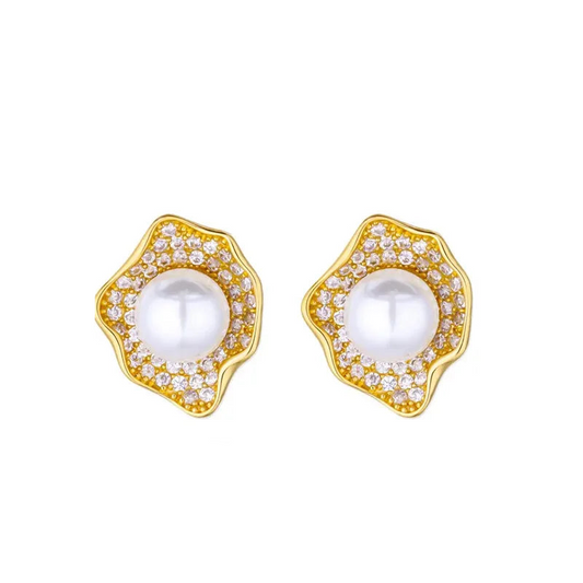 Earrings gold steel shaped with rhinestones and pearls-ea494