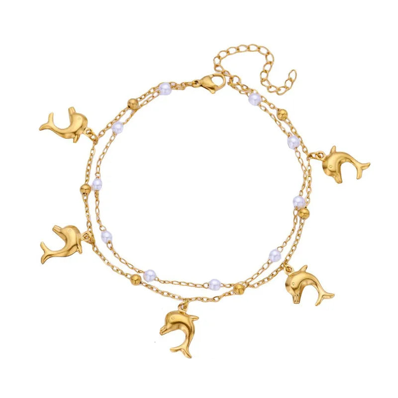 Βραχιόλι ποδιού ατσάλινο με δελφίνια και πέρλες - ΑΝ001
