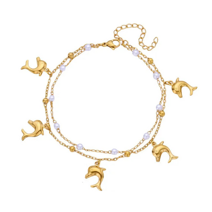 Βραχιόλι ποδιού ατσάλινο με δελφίνια και πέρλες - ΑΝ001