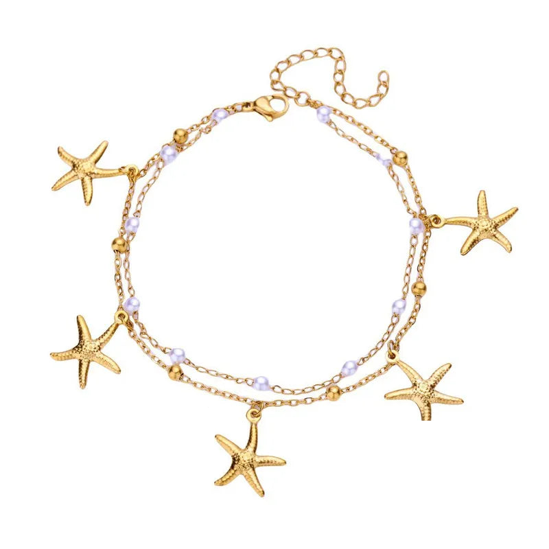 Βραχιόλι ποδιού ατσάλινο με αστερίες και πέρλες - ΑΝ004