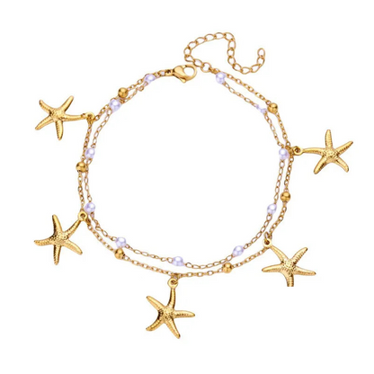 Βραχιόλι ποδιού ατσάλινο με αστερίες και πέρλες - ΑΝ004