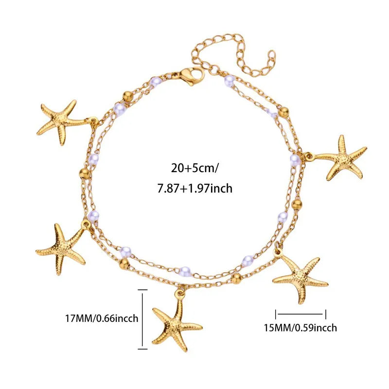 Βραχιόλι ποδιού ατσάλινο με αστερίες και πέρλες - ΑΝ004