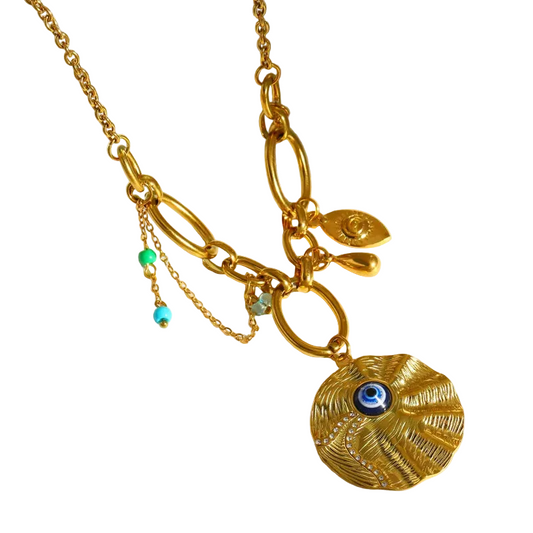 Κολιέ επιχρυσωμένο ατσάλι με μάτι και charms -NE750