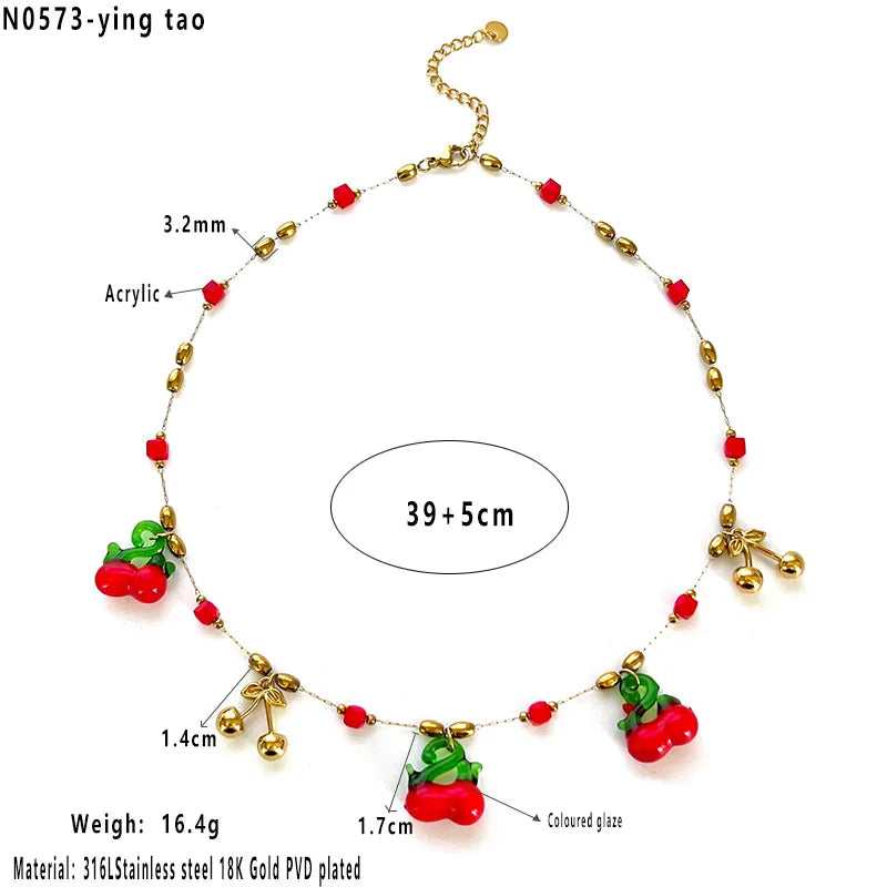 Κολιέ επιχρυσωμένο ατσάλι με κεράσια - NE744