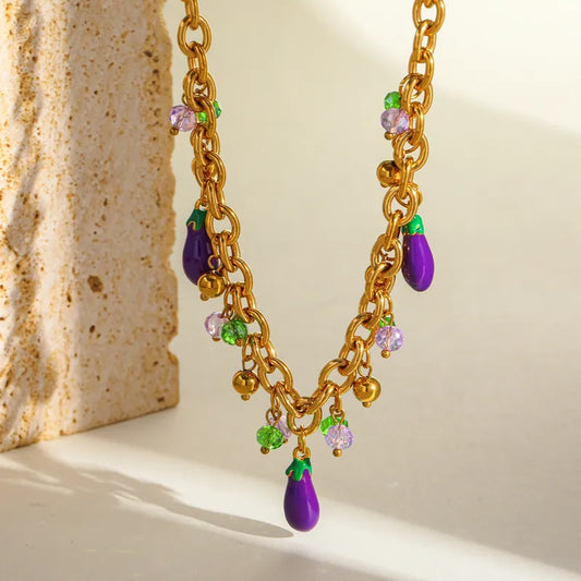 Κολιέ ατσάλινο με κρεμαστές μελιτζάνες - NE613