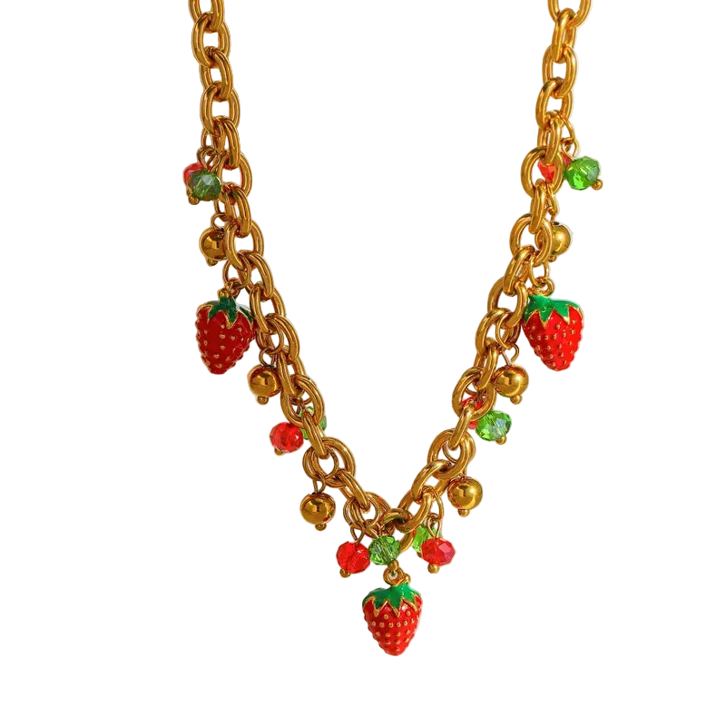 Κολιέ ατσάλινο με κρεμαστές φράουλες - NE614