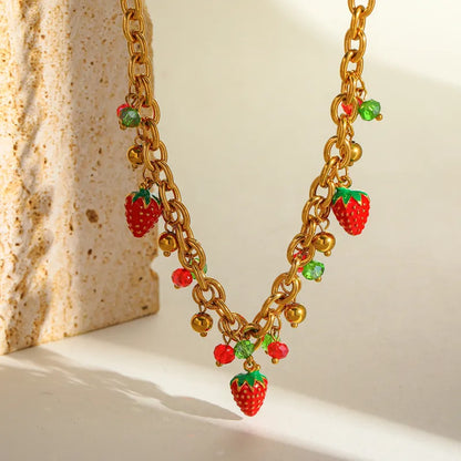 Κολιέ ατσάλινο με κρεμαστές φράουλες - NE614