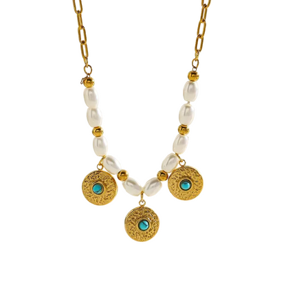 Κολιέ επιχρυσωμένο ατσάλι με τιρκουάζ πέτρες και πέρλες - NE091