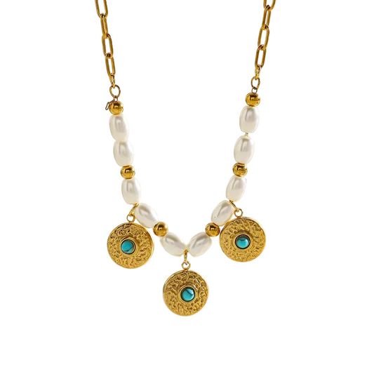 Κολιέ επιχρυσωμένο ατσάλι με τιρκουάζ πέτρες και πέρλες - NE091