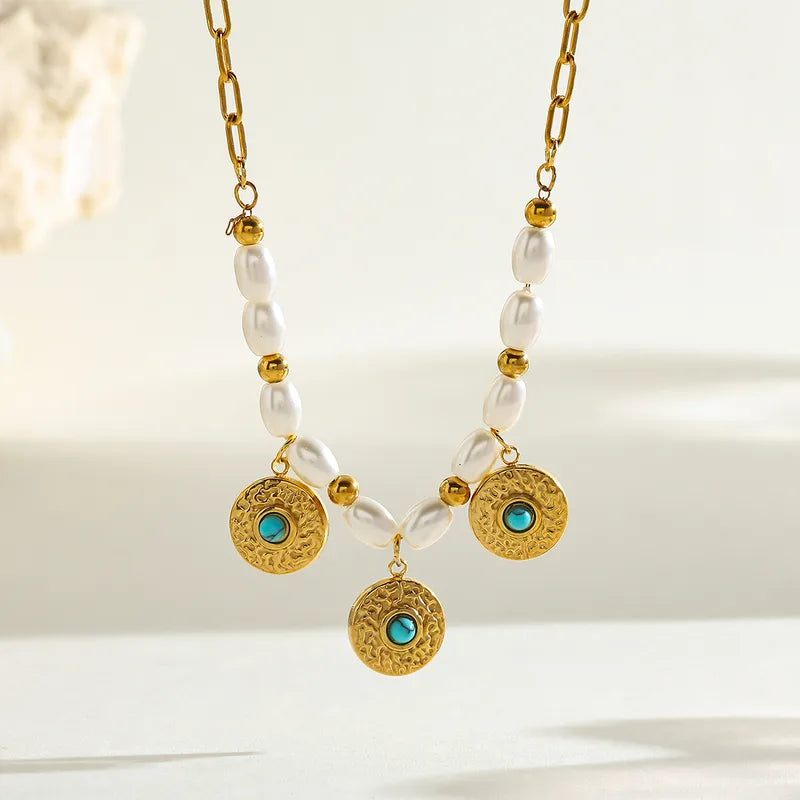 Κολιέ επιχρυσωμένο ατσάλι με τιρκουάζ πέτρες και πέρλες - NE091