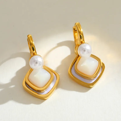 Earrings Gold Plated steel with rhombus and pearl-ea052