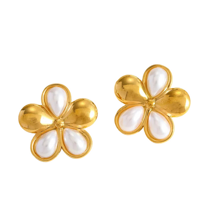 Earrings Gold Plated Flowers White and Gold-EA540