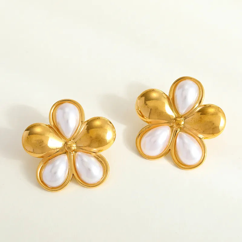 Earrings Gold Plated Flowers White and Gold-EA540