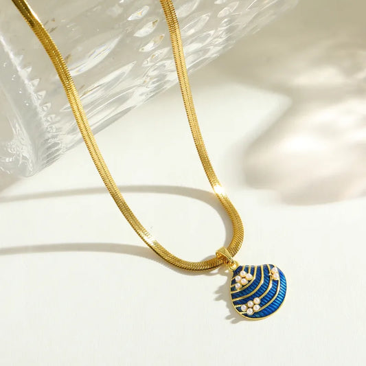 Κολιέ ατσάλινο με μπλε κοχύλι - NE117