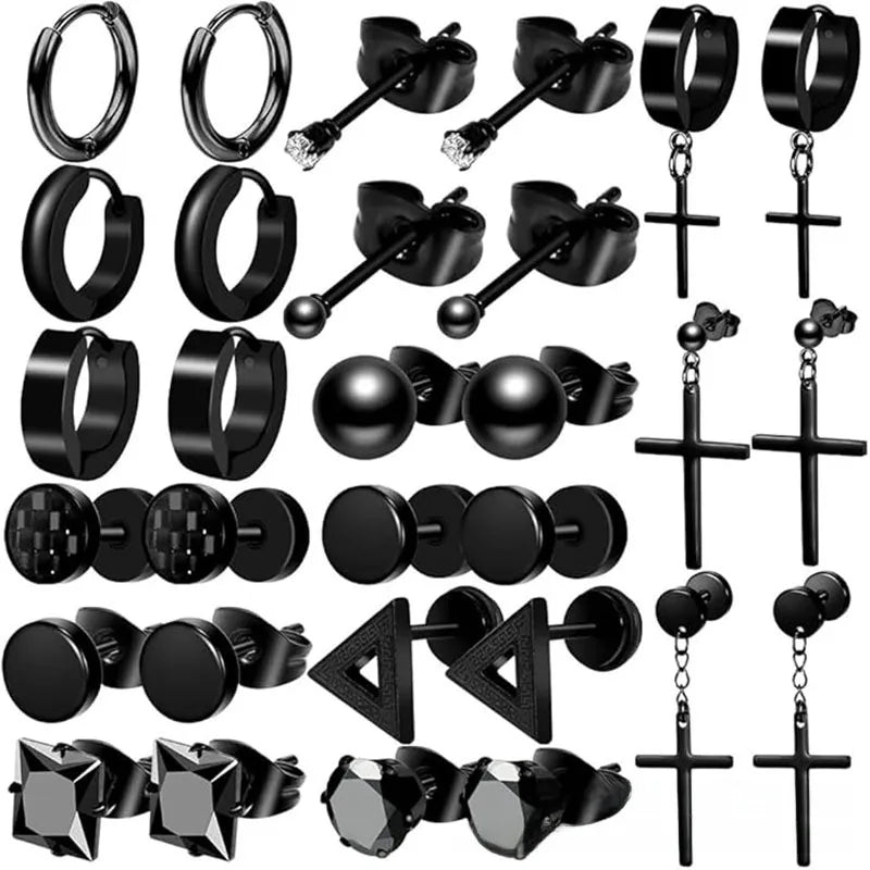 Σετ 15 ζευγάρια σκουλαρίκια μαύρο ατσάλι-SET037