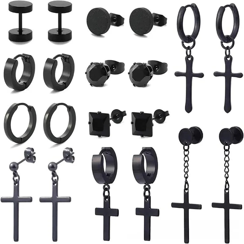 Σετ 10 ζευγάρια σκουλαρίκια μαύρο ατσάλι και zircon-SET028