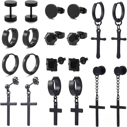 Σετ 10 ζευγάρια σκουλαρίκια μαύρο ατσάλι και zircon-SET028