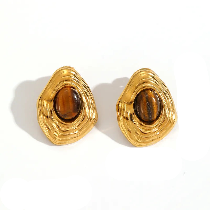 Σκουλαρίκια χρυσό ατσάλι με καφέ πέτρα-EA552