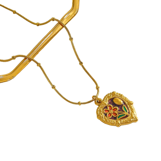 *Κολιέ επιχρυσωμένο ατσάλι καρδιά με λουλούδι-NE047