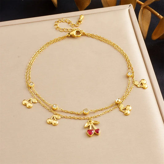 Βραχιόλι ποδιού με διπλή ατσάλινη αλυσίδα και κερασάκια και ζιργκόν- AN026
