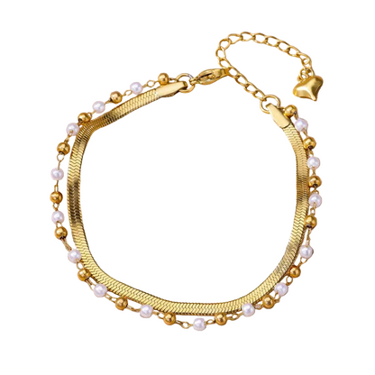 Βραχιόλι ποδιού ατσάλινο με διπλή αλυσίδα και πέρλες - AN060