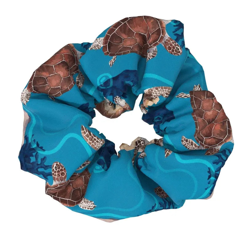 Λαστιχάκι scrunchie πετρόλ με χελώνες - HA059