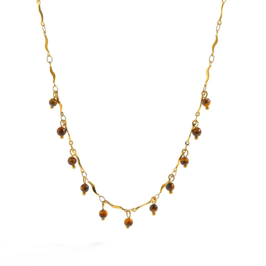 Colier din otel placat cu aur cu margele maro-NE468