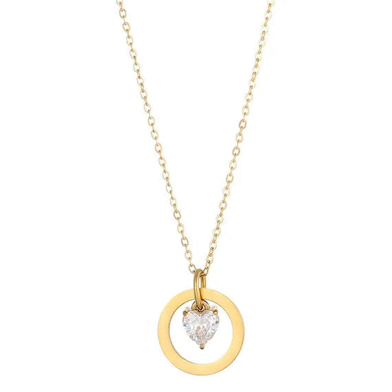 Colier din oțel placat cu aur cu inimă de zircon-NE452