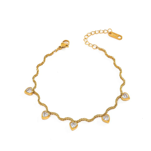 Bratara din otel placat cu aur cu inimioare de zircon-BR056