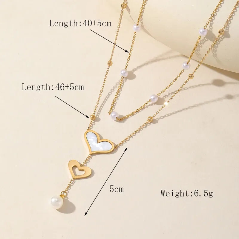 Colier dublu din oțel placat cu aur cu inimioare-NE050