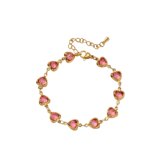 Βραχιόλι επιχρυσωμένο ατσάλι με ροζ καρδιές-BR311