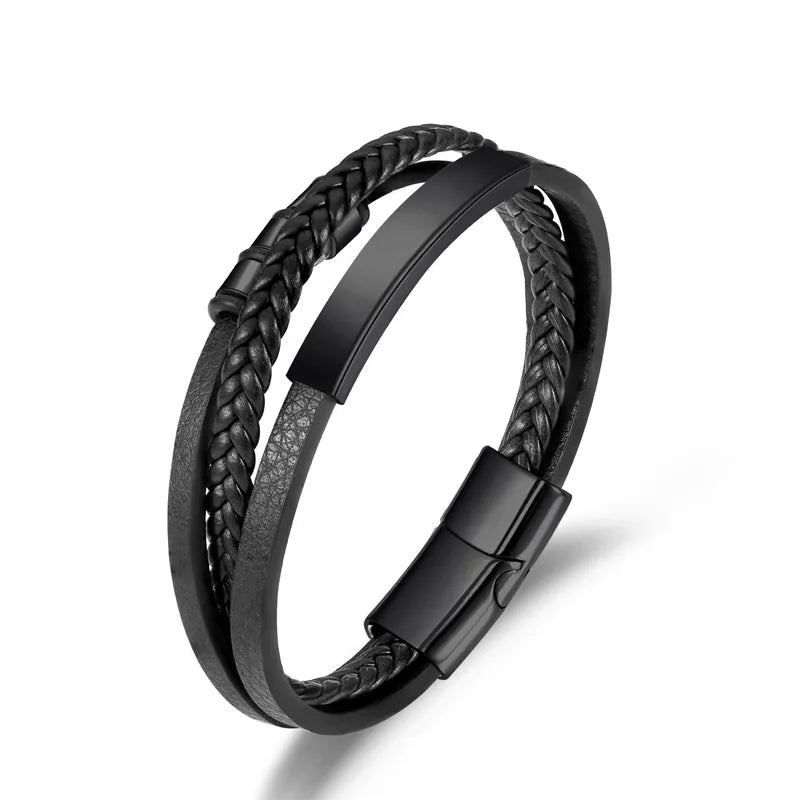 Βραχιόλι ατσάλı με μαύρο δέρμα - BR349