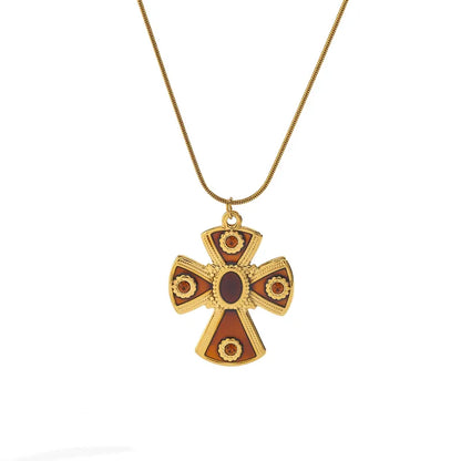Κολιέ επιχρυσωμένο ατσάλι καφέ σταυρός-NE500