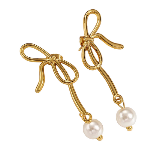 Σκουλαρίκια χρυσό ατσάλι φιόγκος με πέρλα-EA653