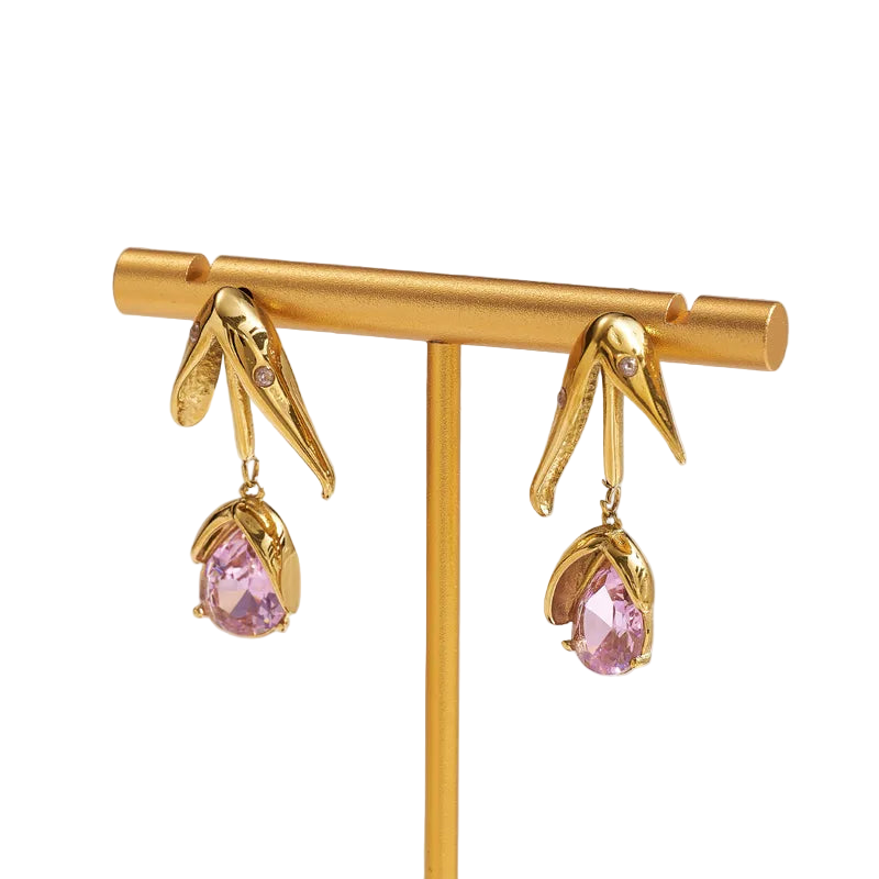 Σκουλαρίκια χρυσό ατσάλι με ροζ πετράδι-EA551