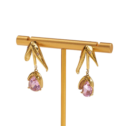 Σκουλαρίκια χρυσό ατσάλι με ροζ πετράδι-EA551