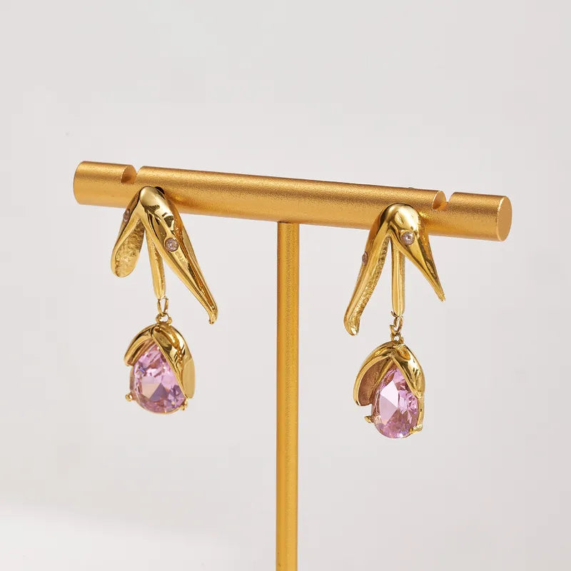 Σκουλαρίκια χρυσό ατσάλι με ροζ πετράδι-EA551