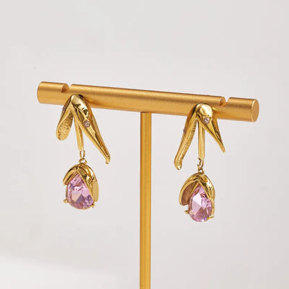 Σκουλαρίκια χρυσό ατσάλι με ροζ πετράδι-EA551