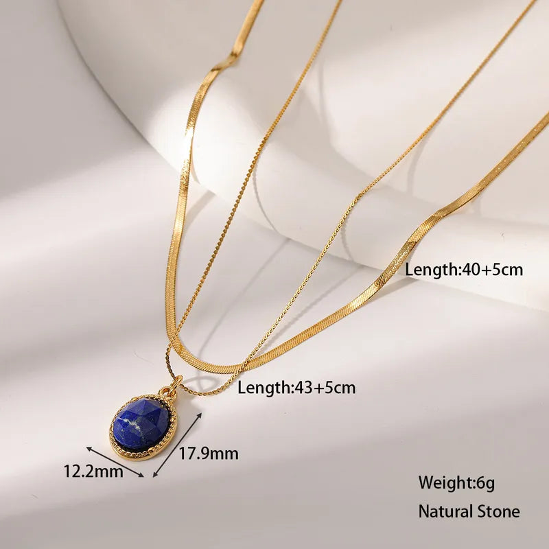 Colier dublu din oțel placat cu aur cu piatră albastră-NE015