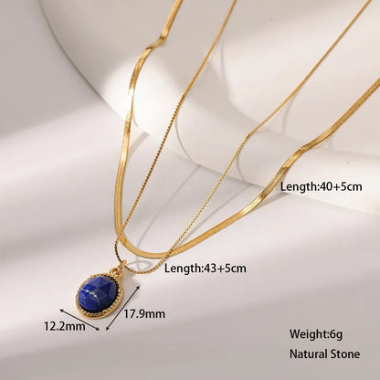 Colier dublu din oțel placat cu aur cu piatră albastră-NE015