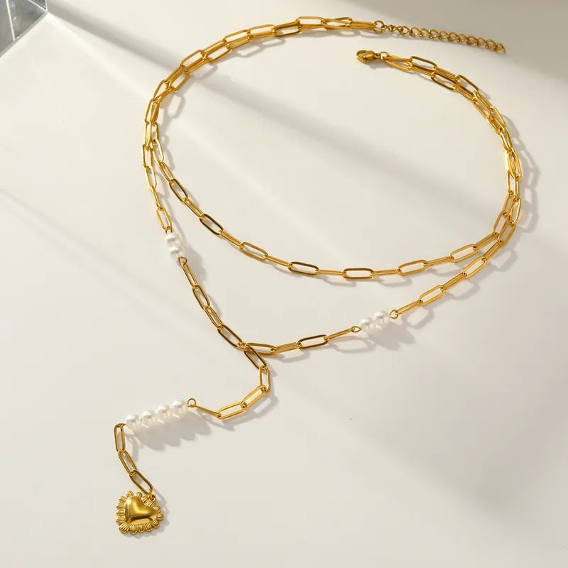 Κολιέ επιχρυσωμένο ατσάλι διπλή αλυσίδα καρδιά-NE389