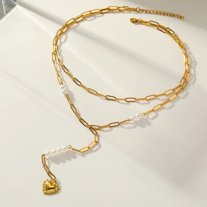 Κολιέ επιχρυσωμένο ατσάλι διπλή αλυσίδα καρδιά-NE389