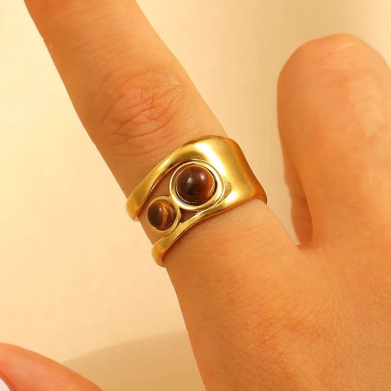 Δαχτυλίδι επιχρυσωμένο ατσάλι με δύο καφέ πέτρες-R231