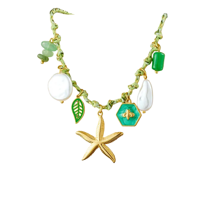 Κολιέ με πράσινο σχοινί και αστερία- NE623