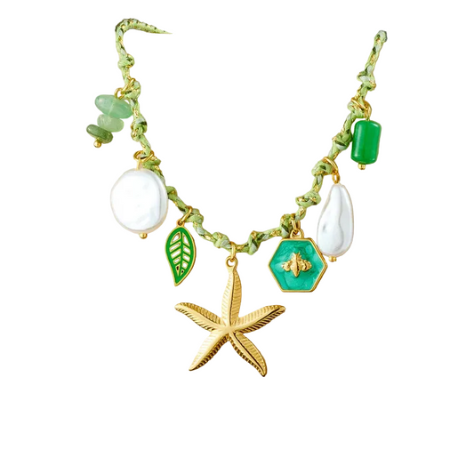 Κολιέ με πράσινο σχοινί και αστερία- NE623