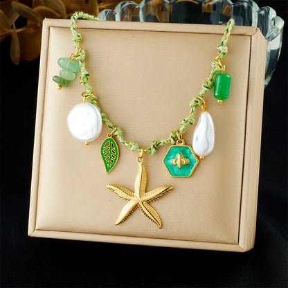 Κολιέ με πράσινο σχοινί και αστερία- NE623