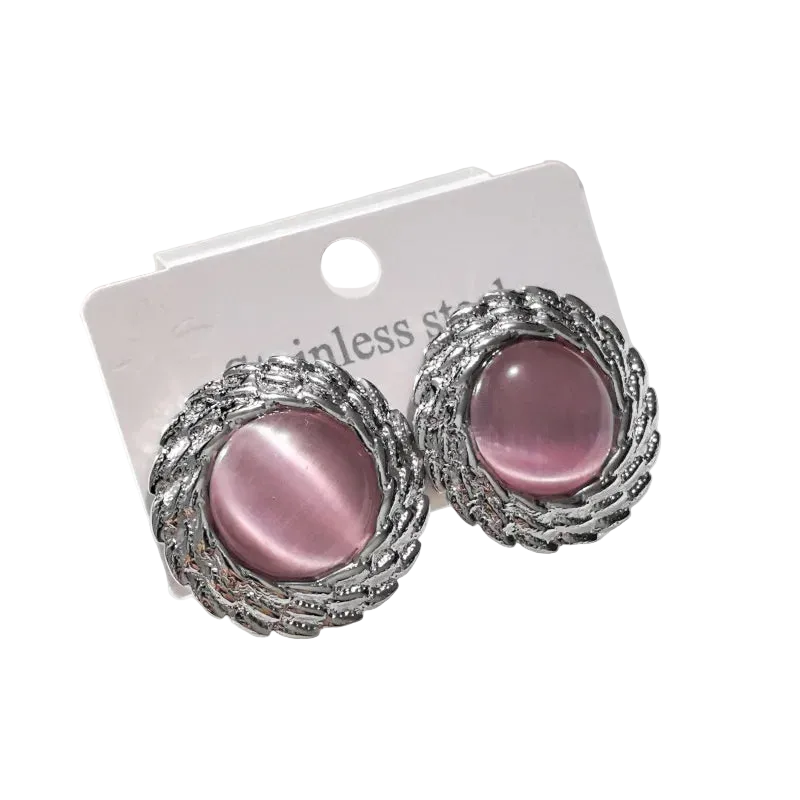 Σκουλαρίκια ατσάλι με ροζ πέτρα-EA441